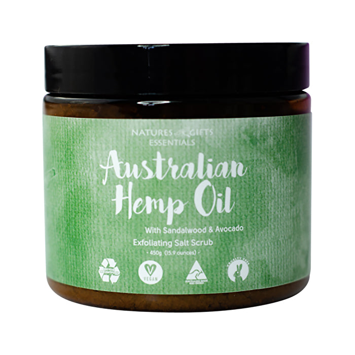 Clover Fields Nature's Gifts Australian Hemp Oil with Sandalwood & Avocado Exfol. Salt Scrub 450g