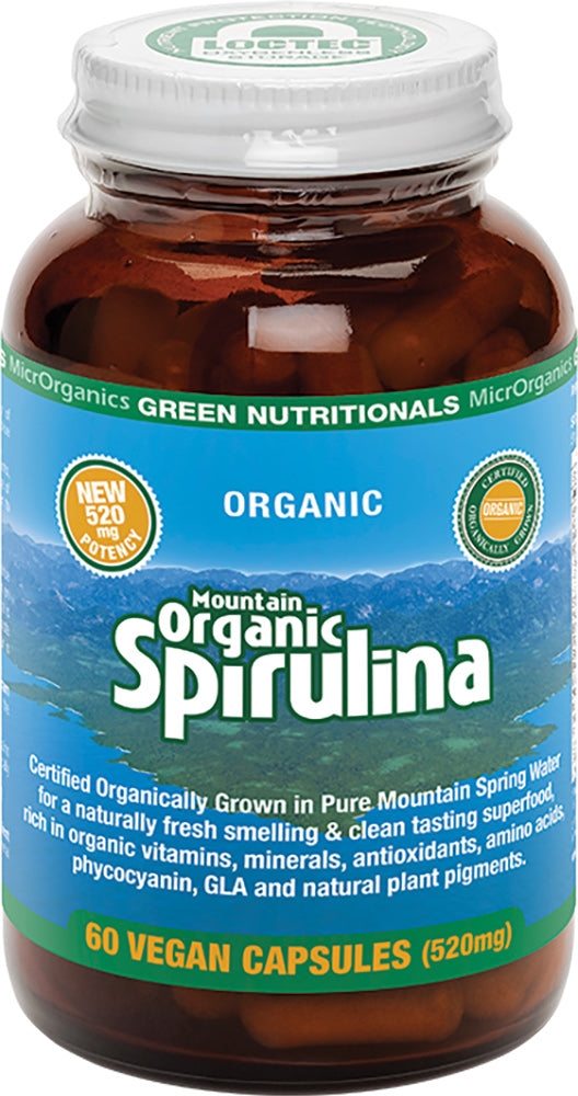 GREEN NUTRITIONALS Mountain Organic Spirulina Capsules (520mg) - Amber Glass