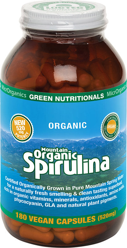 GREEN NUTRITIONALS Mountain Organic Spirulina Capsules (520mg) - Amber Glass