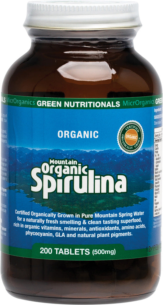 GREEN NUTRITIONALS Mountain Organic Spirulina Tablets (500mg) - Amber Glass