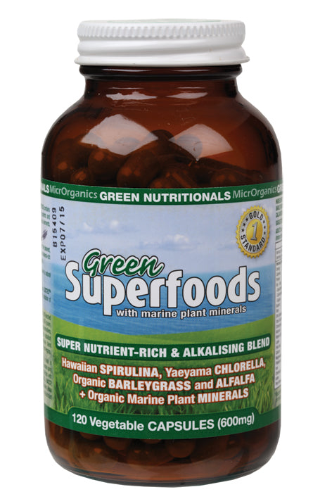 GREEN NUTRITIONALS Green Superfoods VegeCaps (600mg) - Amber Glass