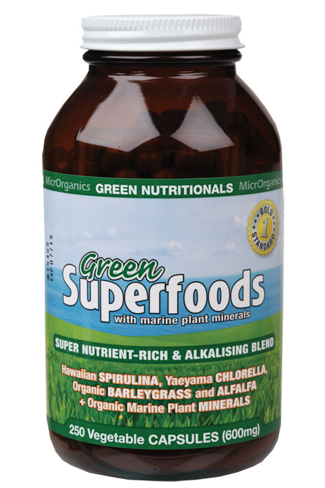 GREEN NUTRITIONALS Green Superfoods VegeCaps (600mg) - Amber Glass