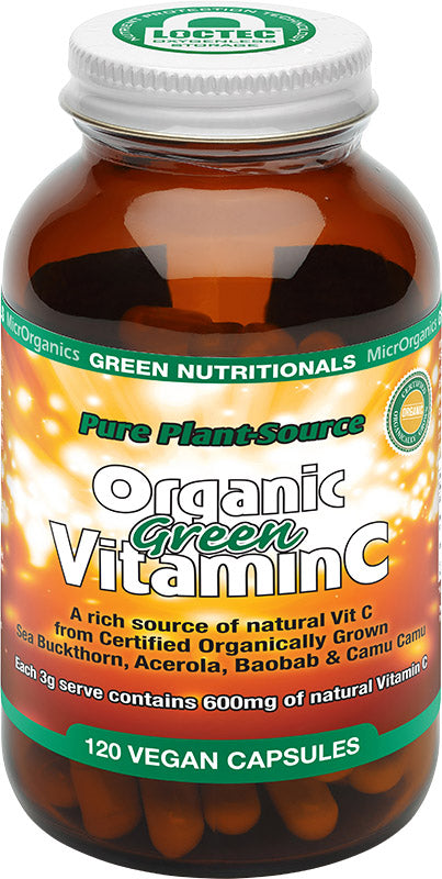 GREEN NUTRITIONALS Organic Green Vitamin C Capsules (600mg) - Amber Glass