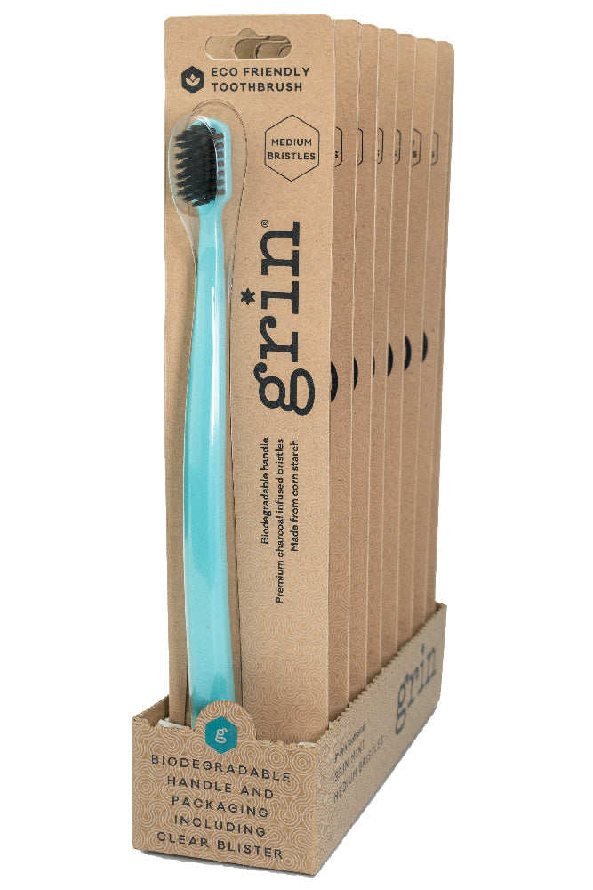 GRIN Biodegradable Toothbrush Medium - Grin Mint Display Box of 8