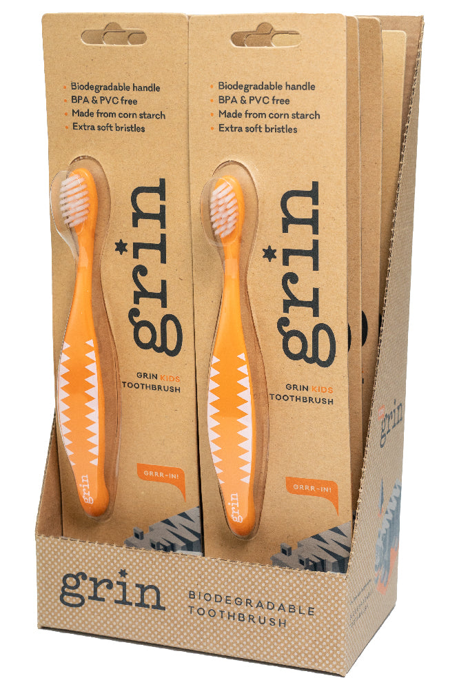 GRIN Biodegradable Toothbrush - Kids Soft - Orange Display Box of 8