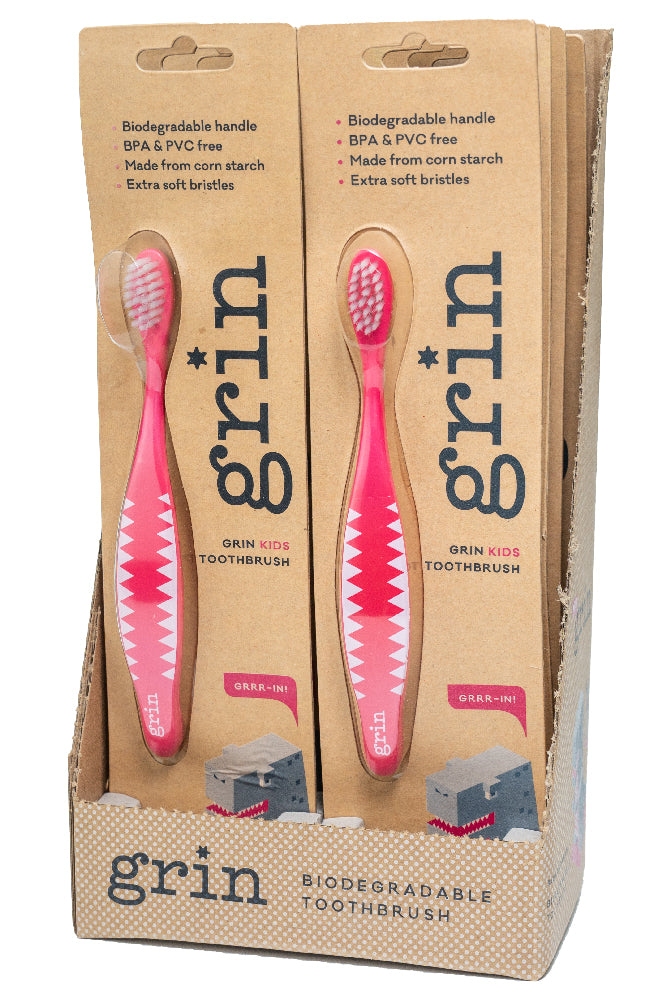 GRIN Biodegradable Toothbrush - Kids Soft - Pink Display Box of 8