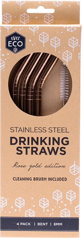 EVER ECO Stainless Steel Straws - Bent Rose Gold + Cleaning Brush
