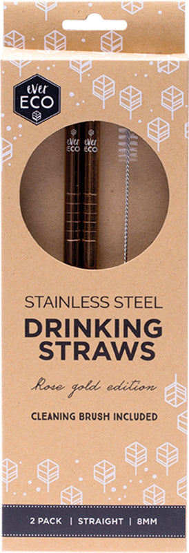EVER ECO Stainless Steel Straws - Straight Rose Gold + Cleaning Brush