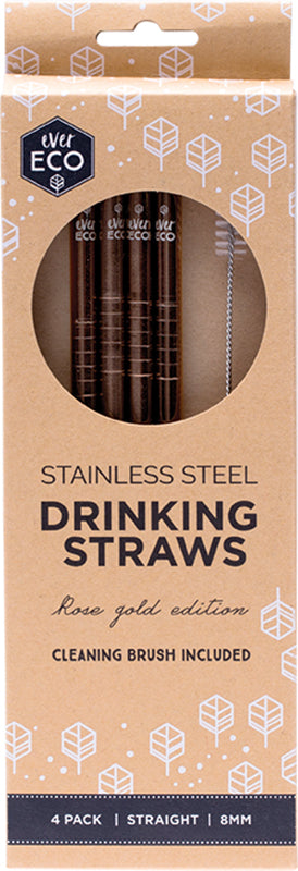 EVER ECO Stainless Steel Straws - Straight Rose Gold + Cleaning Brush