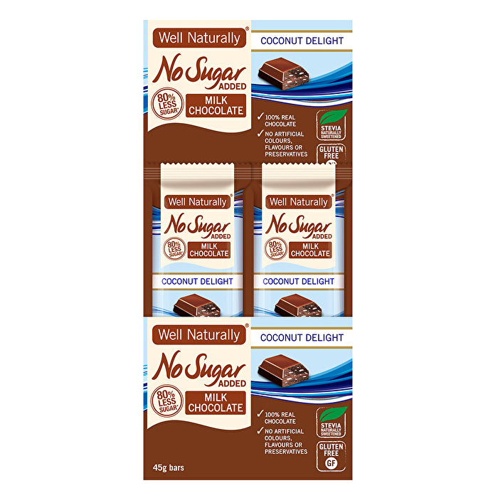 Well Naturally No Added Sugar Bar Milk Chocolate Coconut Delight 45g x 16 Display